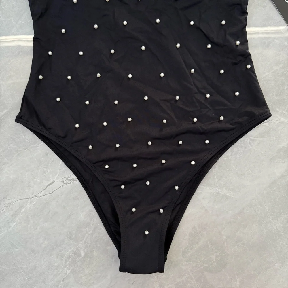 Women’s Bebe Faux Pearl Embellished One Piece Swimsuit Bridesmaid Bachelorette M - Picture 4 of 15